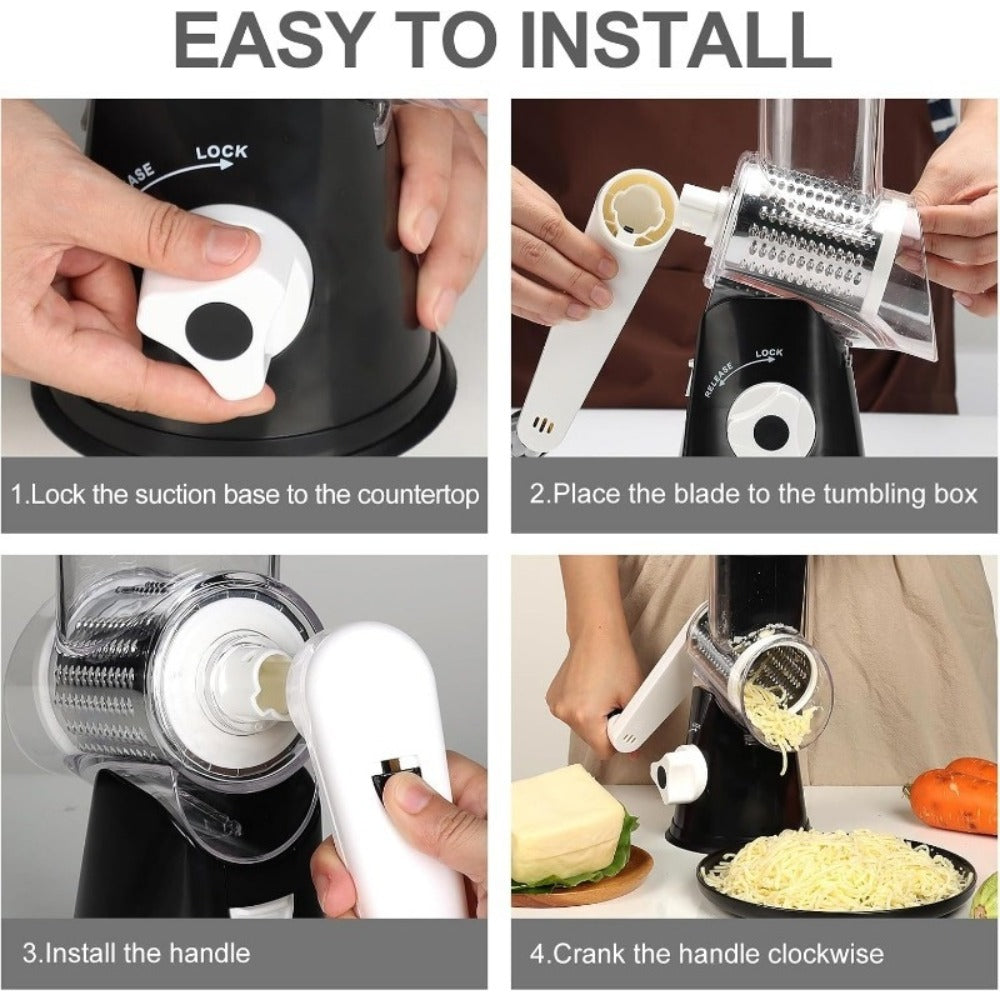 Rotary Cheese Grater with Hand Crank, 3 Interchangeable Blades for Cheese, Vegetables & Nuts, Suction Base
