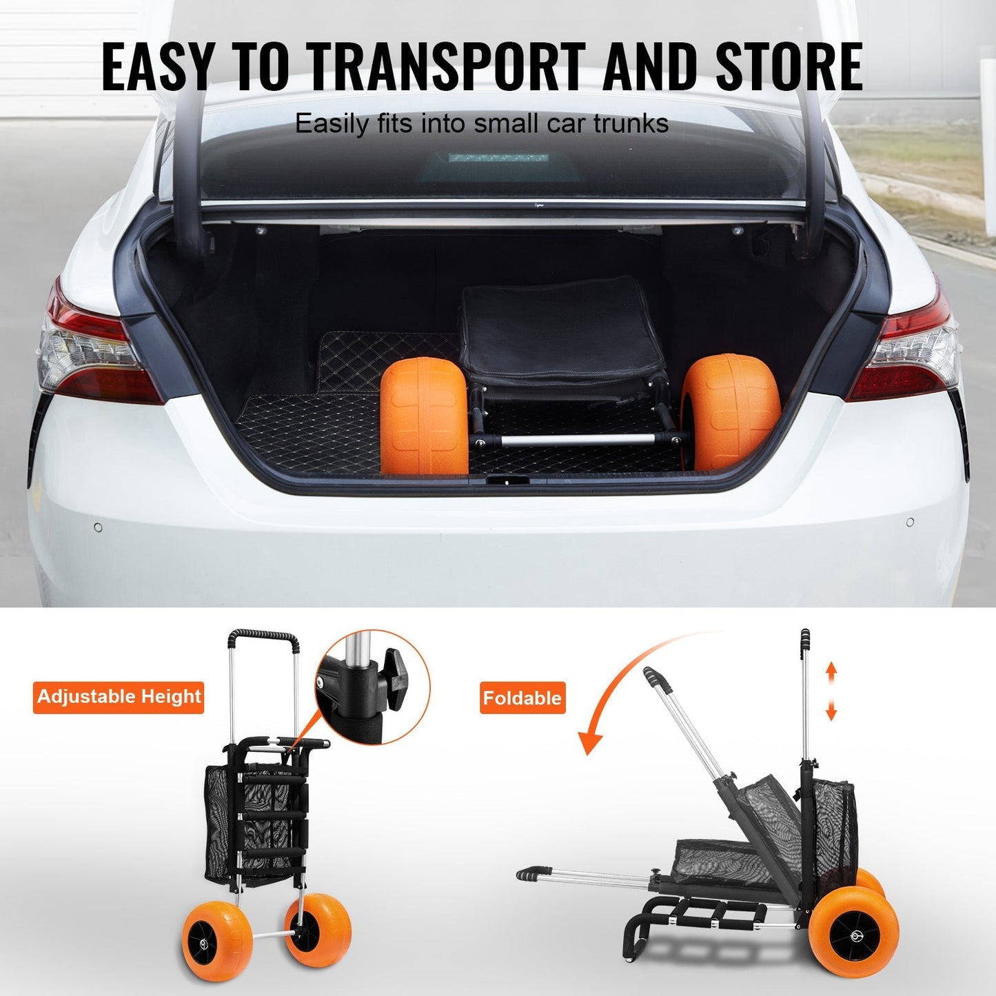 Beach Cart Aluminum Alloy 12-Inch PU Foam Wheels Folding Sand Cart Adjustable Handle for Camping Fishing Gardening Outdoor