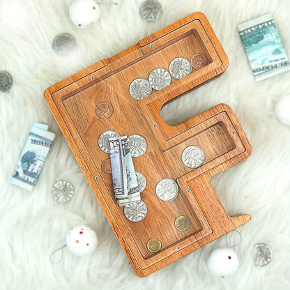 Wooden Letter Penny Bank – Alphabet Coin Bank Savings Box for Kids & Adults, Personalized Money Bank Birthday Gift