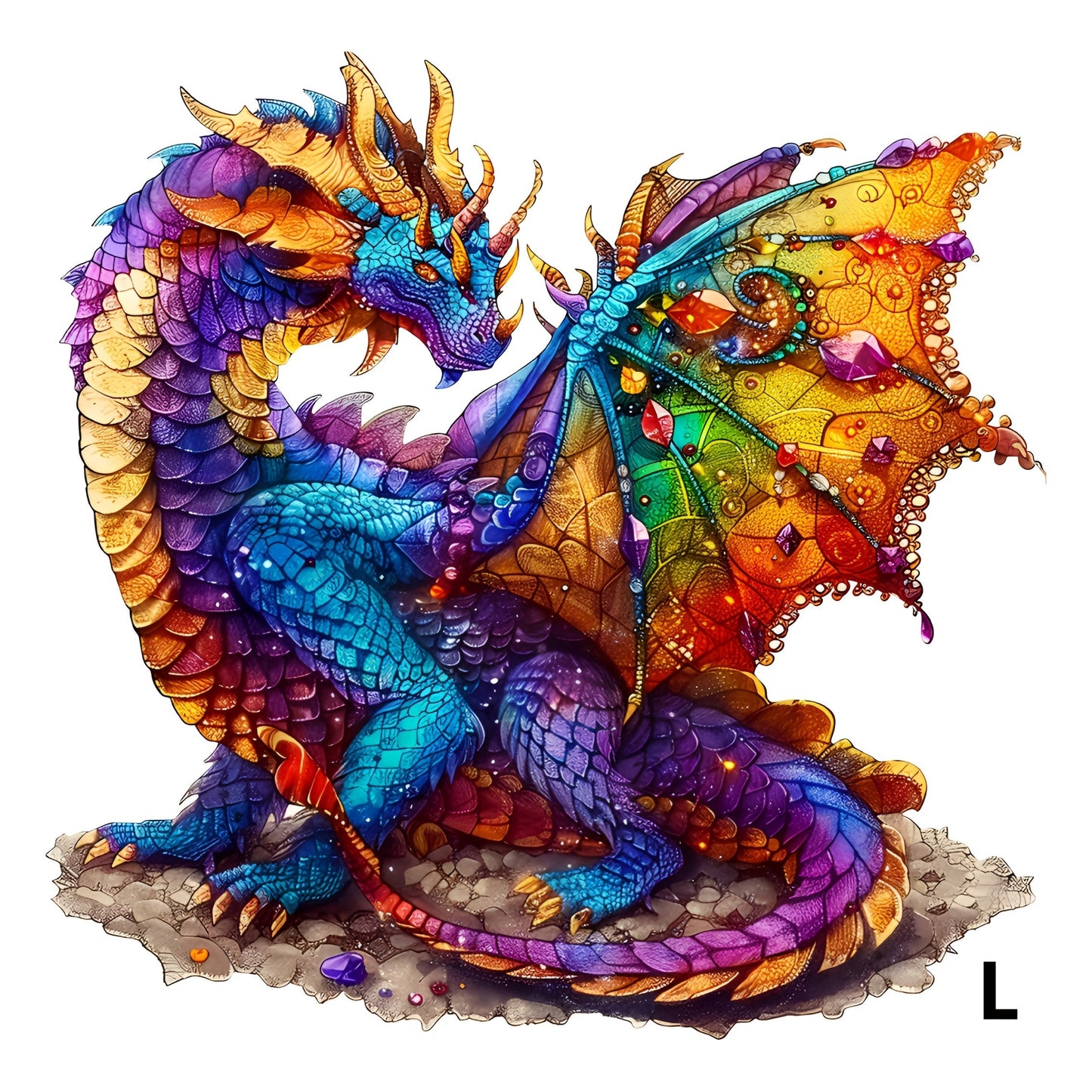 Dragon Wooden Jigsaw Puzzle Gemstone Fantasy – Colorful Irregular Animal Shaped Pieces, Unique Non-Repetitive Plywood Brain Teaser