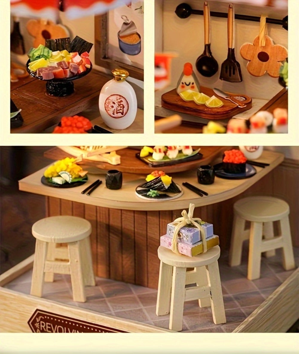 DIY Wooden Tiny House Kit with Dust Cover, Handmade Miniature Dollhouse Puzzle, 3 Themes Afternoon Tea Rotating Food House Moon Magic
