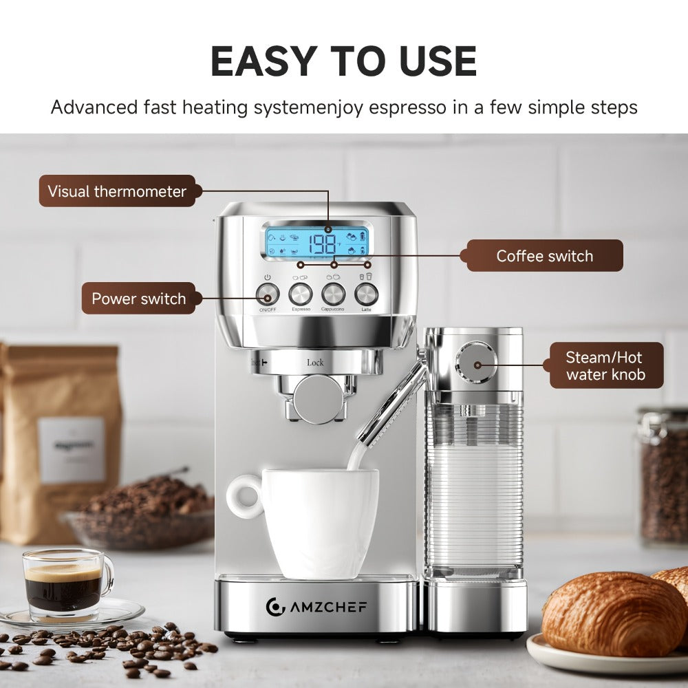 Espresso Machine 20 Bar with Milk Frother, Dual Boiler Coffee Maker, Touch Control, Cappuccino & Latte Machine with Dual Wall Filters