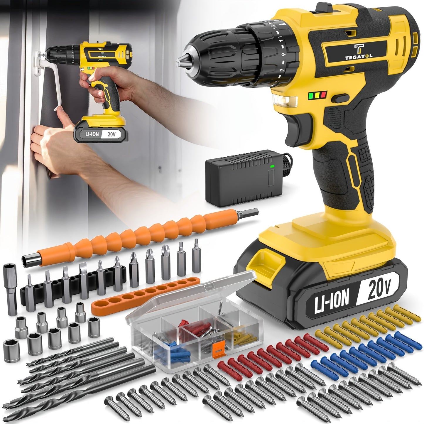 Cordless Drill Set 20V - Tegatok Impact Drill Kit with 45Nm Torque, 23-Speed Settings, LED Light