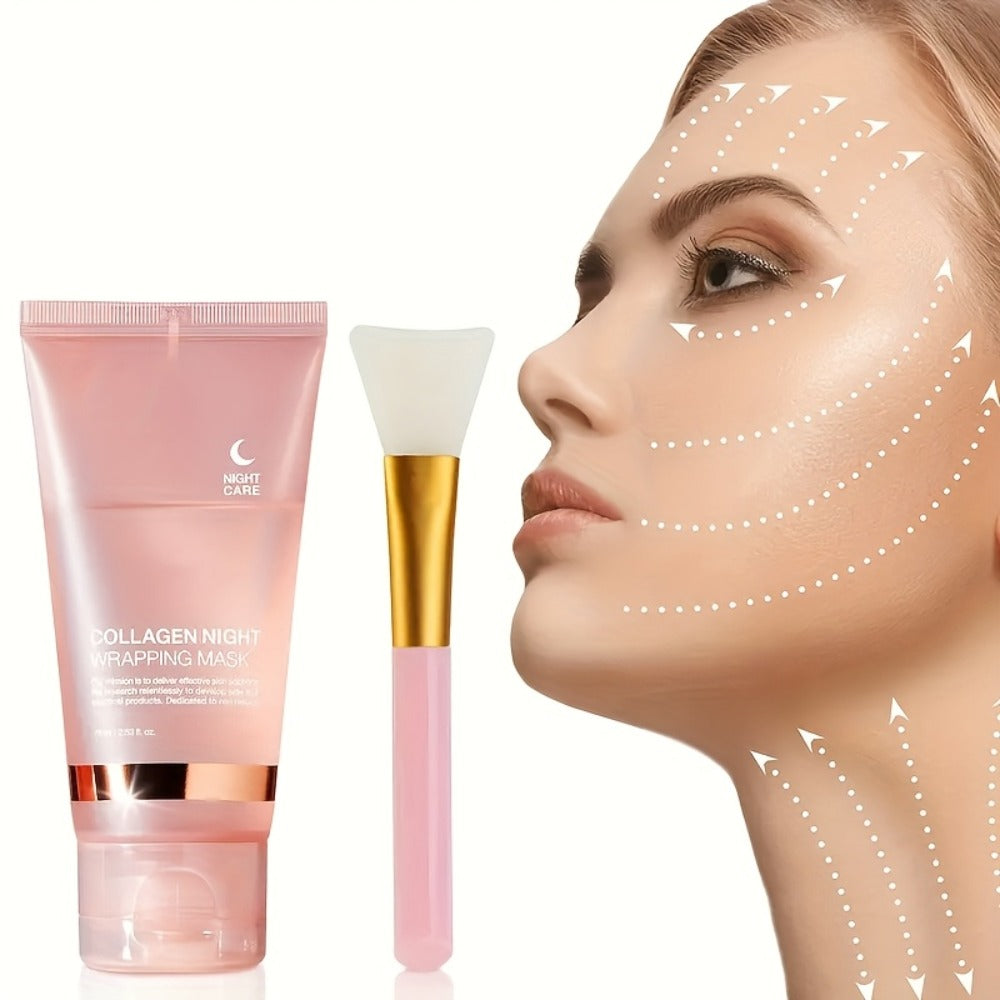 Collagen Night Wrap Mask with Jelly Brush 3pcs Hyaluronic Acid Deeply Moisturizing Nourishing Overnight Glossy Sleeping Mask for Women