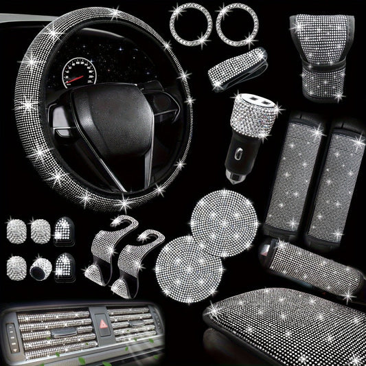 30-Piece Bling Car Interior Accessories Set with 15-Inch Steering Wheel Cover, Seat Belt Pads and Trim