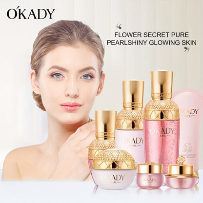 7-Piece Pearl-Themed Skincare Gift Set with Coordinated Facial-Care Bottles and Jars in a Fitted Box