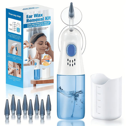 Blue Manual Ear Irrigation Kit with Squeeze Bottle, Separate Catch Cup and Multiple Pictured Tip Shapes