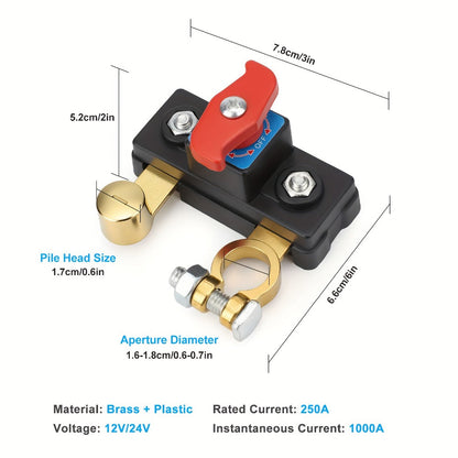 Two-Piece Battery Disconnect Switch Set with Red Rotary Levers and Clamp-Style Terminal Connections