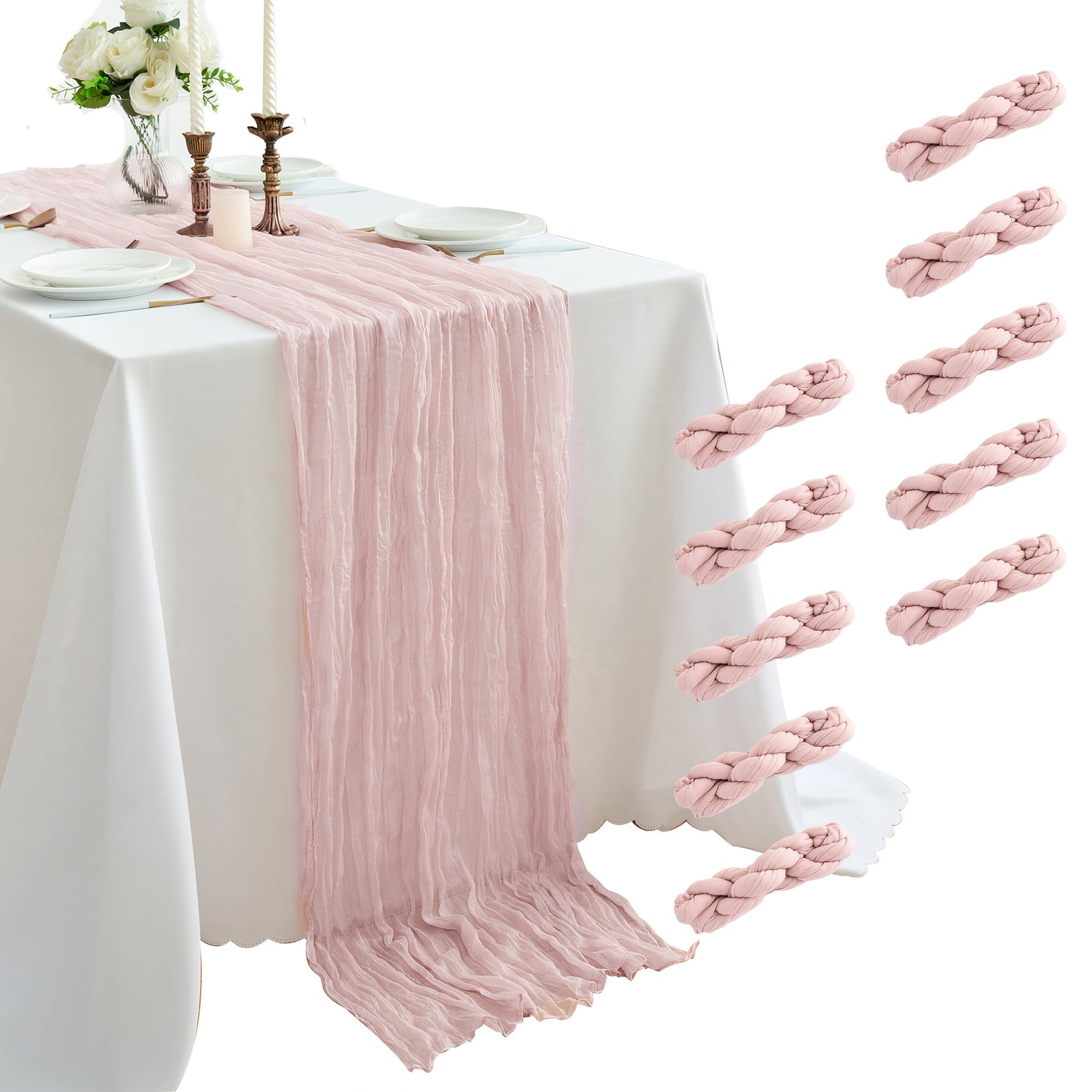 Ten-Piece Cheesecloth Table Runner Set, 19.6 x 120 Inches Each in Five Colors for Dining and Events