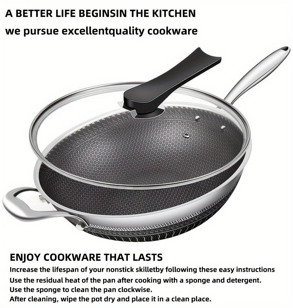 Stainless Steel Wok 13.3 Inch Honeycomb Non-Stick with Lid Spatula & Pot Brush, All Cooktop Compatible Stir Fry Pan