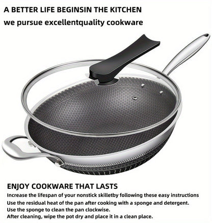 Stainless Steel Wok 13.3 Inch Honeycomb Non-Stick with Lid Spatula & Pot Brush, All Cooktop Compatible Stir Fry Pan