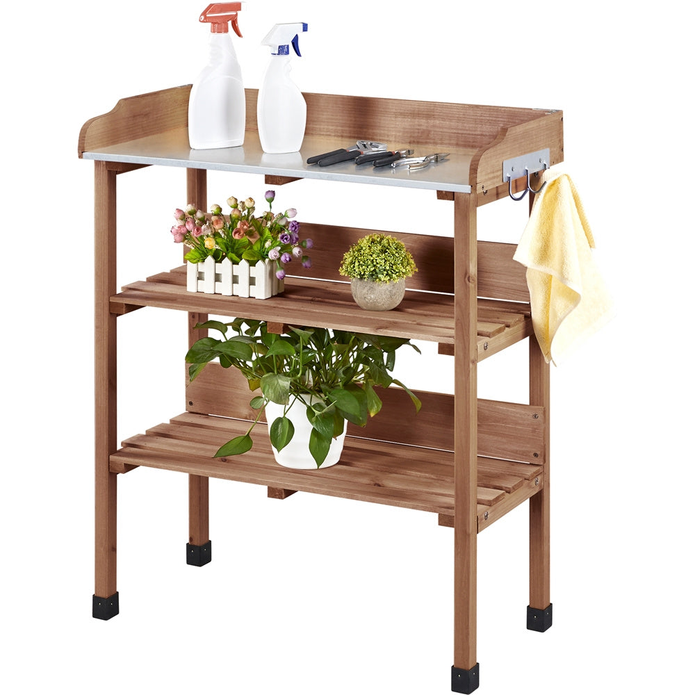 Rolling Potting Bench 3-Tier Wooden Garden Workstation Waist-High Galvanized Metal Top Lockable Casters for Garden, Patio and Yard Use