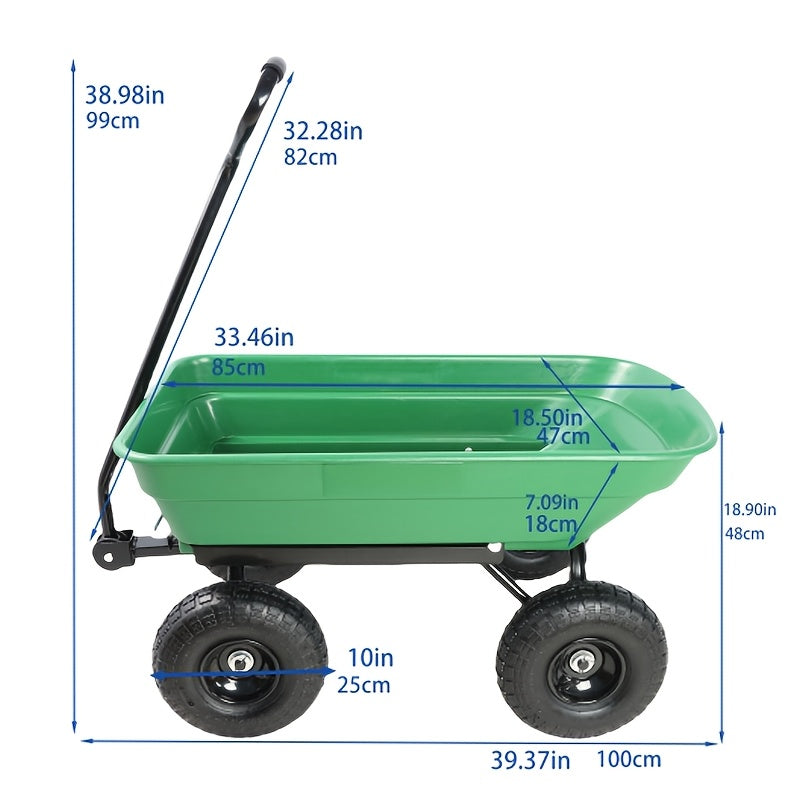 Garden Dump Cart 4-Wheel Steel Frame Poly Bed Quick-Release Dump Feature Foldable D-Handle Yard Wagon for Landscaping Lawn