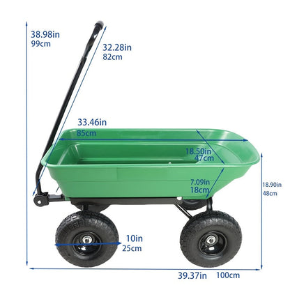 Garden Dump Cart 4-Wheel Steel Frame Poly Bed Quick-Release Dump Feature Foldable D-Handle Yard Wagon for Landscaping Lawn