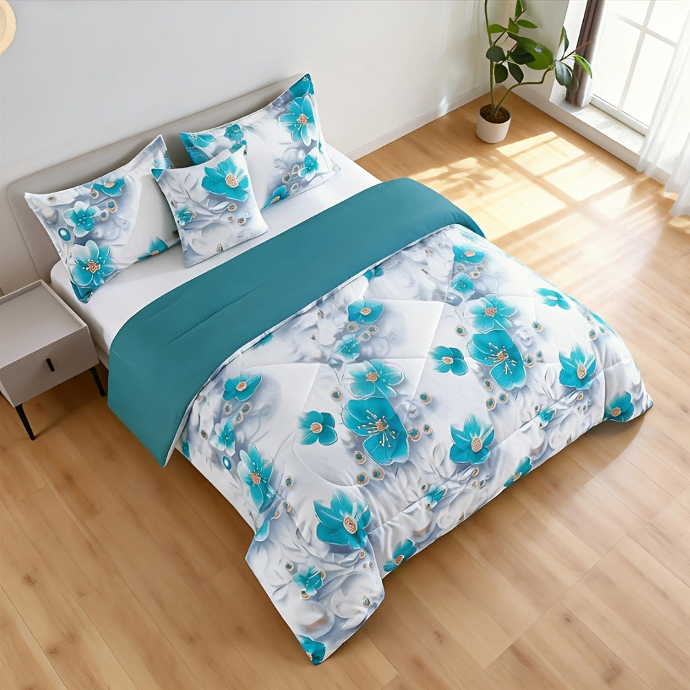 Botanical Floral Comforter and Pillowcase Set in Pink, Cyan or Lake Blue with Twin, Queen and King Sizes