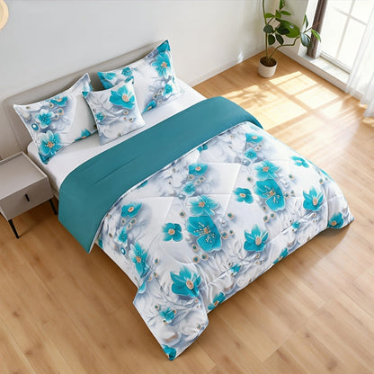 Botanical Floral Comforter and Pillowcase Set in Pink, Cyan or Lake Blue with Twin, Queen and King Sizes