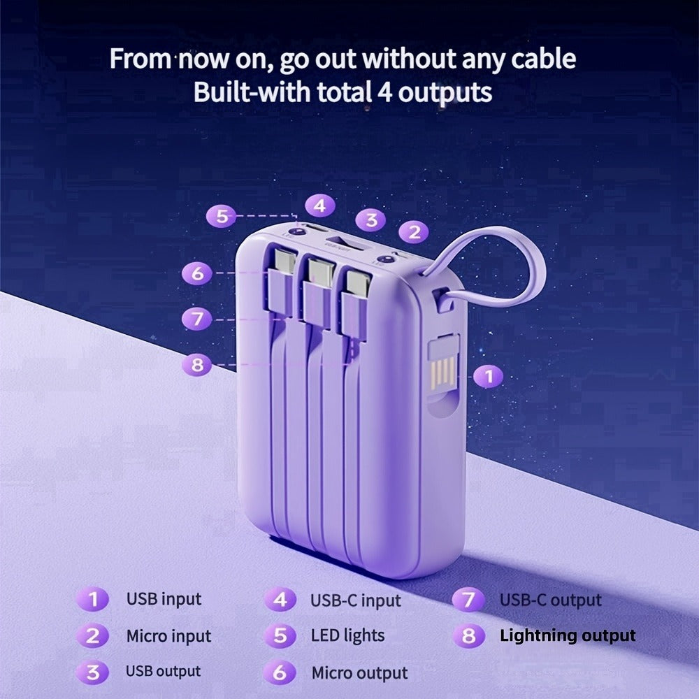 Power Bank 10000mAh Mini with Built-In Cable Set, 5W/15W/22.5W Variants, LED Light and Digital Display