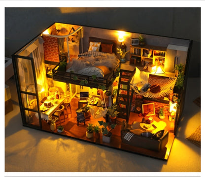 DIY Dollhouse Kit 2 Story with Dust Cover, Handmade Miniature House Model with Furniture Parts, No Glue No Batteries
