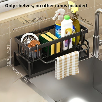 Kitchen Sink Organizer Sponge Holder with Self-Draining Tray Removable Rag Rod Carbon Steel for Home Cooking, Dining and Outdoor Meals