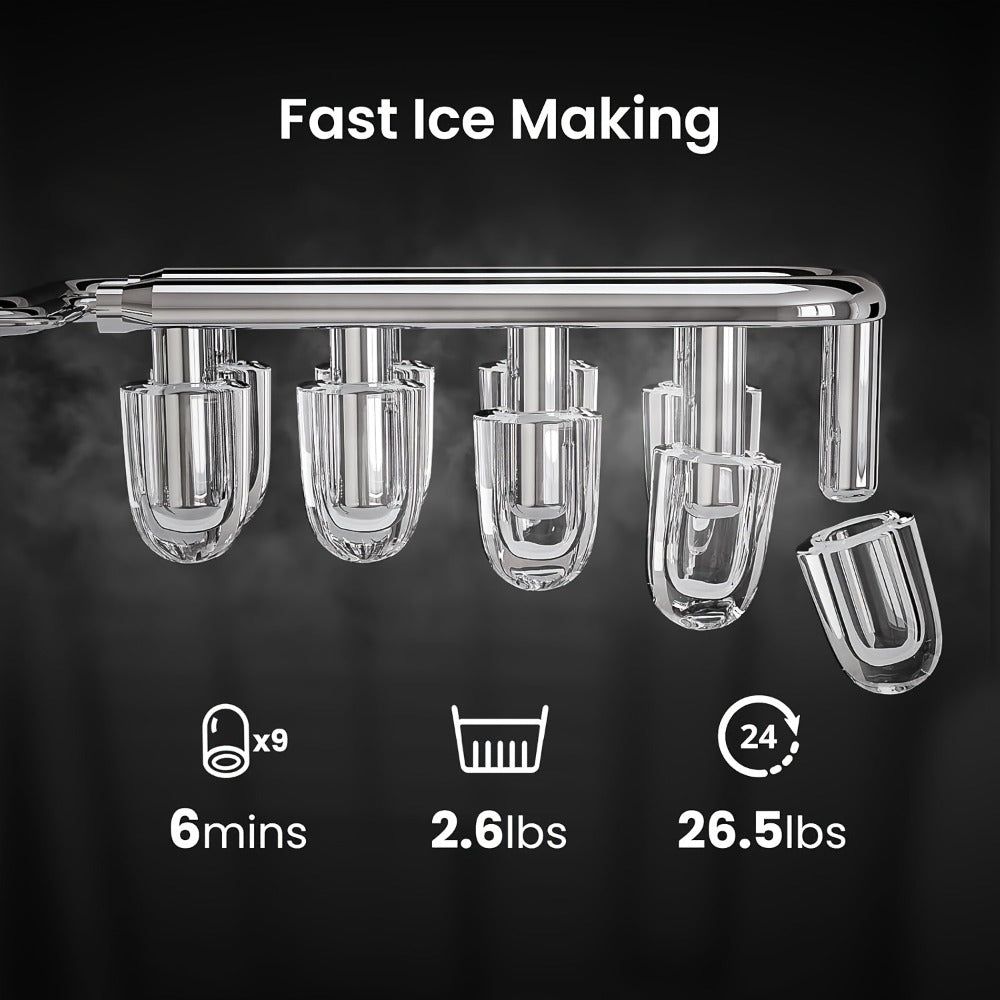 Countertop Bullet Ice Maker /24H, 9 Bullet Ice Cubes in 6 Mins, 2 Sizes for Home Cooking, Dining and Outdoor Meals