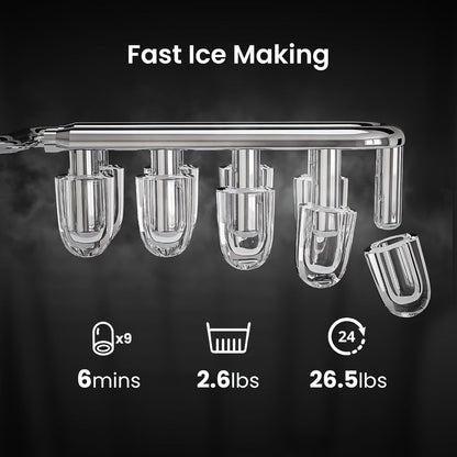 Countertop Bullet Ice Maker /24H, 9 Bullet Ice Cubes in 6 Mins, 2 Sizes for Home Cooking, Dining and Outdoor Meals