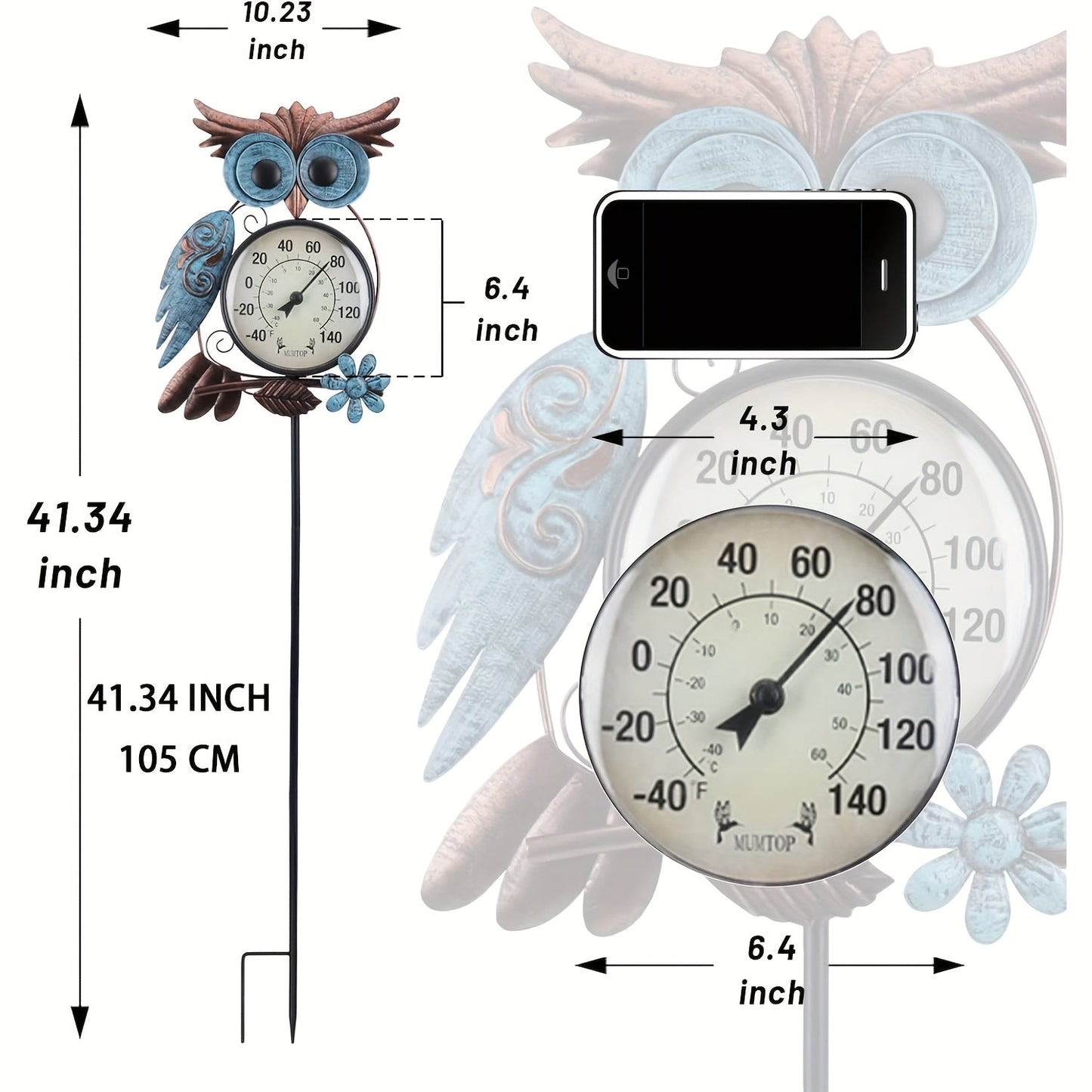 Garden Stake Thermometer 42 Inch Metal Owl Outdoor Wall Thermometer IPX4 Waterproof Patio Yard Decor Art Stake