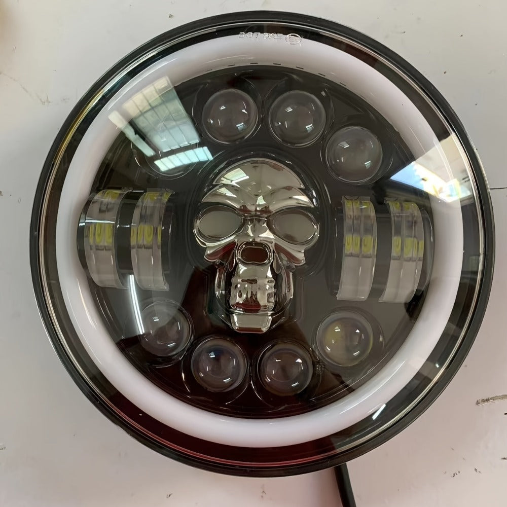 7 Inch Motorcycle LED Headlight Skull Ghost Design – Colorful Demon Eye Round Head Lamp, Custom Car Headlight Modification Front Light