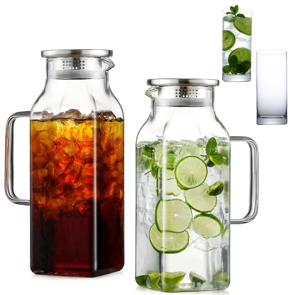 Glass Pitcher with Lid & Handle 2L 68oz, Square Borosilicate Water Jug, Heat Resistant Carafe for Fridge
