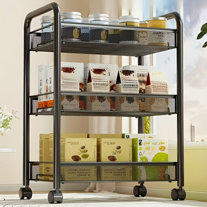 Rolling Storage Cart on Wheels – 3/4/5 Tier Carbon Steel Wire Basket Trolley, Black Metal Utility Cart for Kitchen, Bathroom, Bedroom
