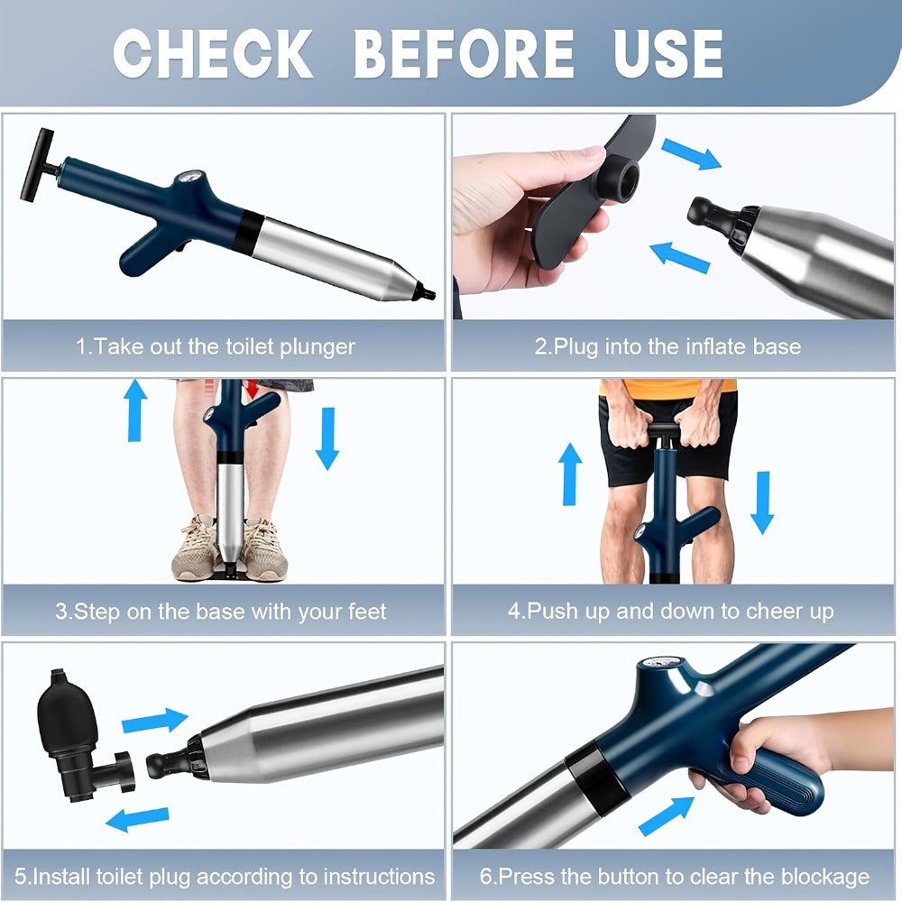 Toilet Plunger Set High Pressure Air Drain Unclogger - Stainless Steel Toilet Snake & Air Discharge Impactor for Clogged Toilet