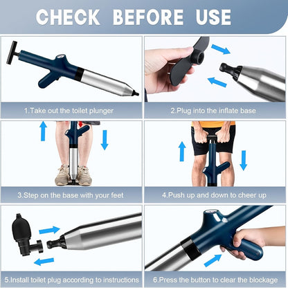 Toilet Plunger Set High Pressure Air Drain Unclogger - Stainless Steel Toilet Snake & Air Discharge Impactor for Clogged Toilet