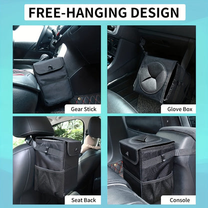 Collapsible Hanging Car Trash Bag with Lid, Side Storage Pockets, Black Finish and 25 × 16 × 15 cm Size