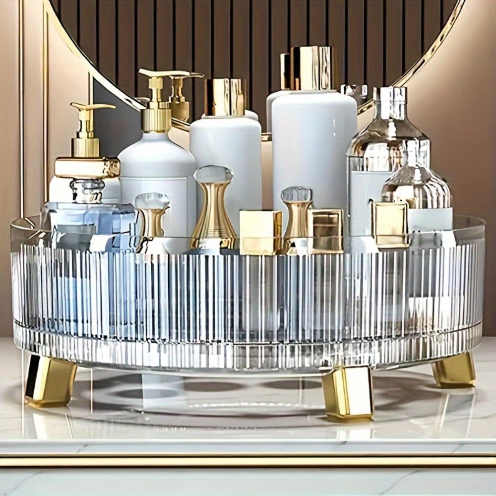 Round Rotating Makeup Organizer Tray with Ribbed Sides and Gold-Tone Feet in White, Green or Orange