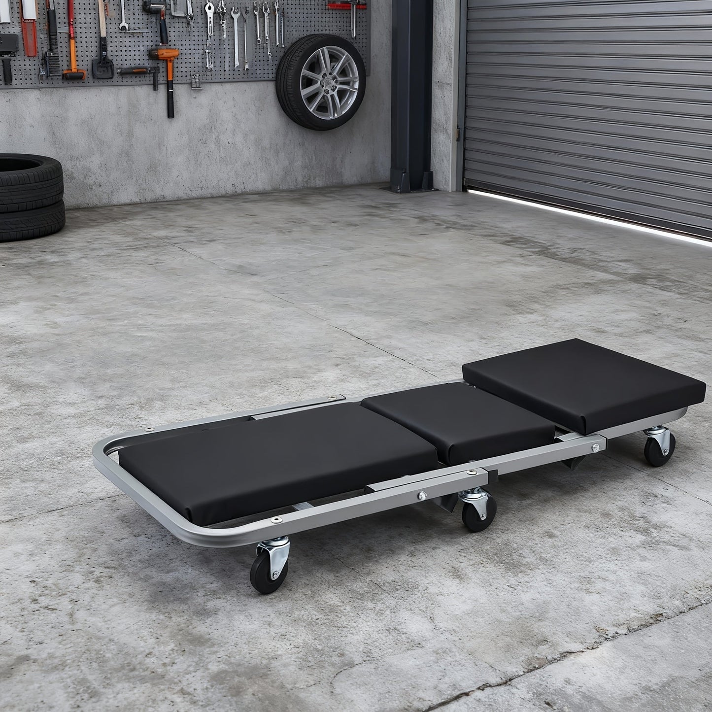 Rolling Mechanic Creeper Stool 300 lb – Foldable Z-Shape 3-in-1 Crawler Seat & Sliding Work Stool with 6 Swivel Casters