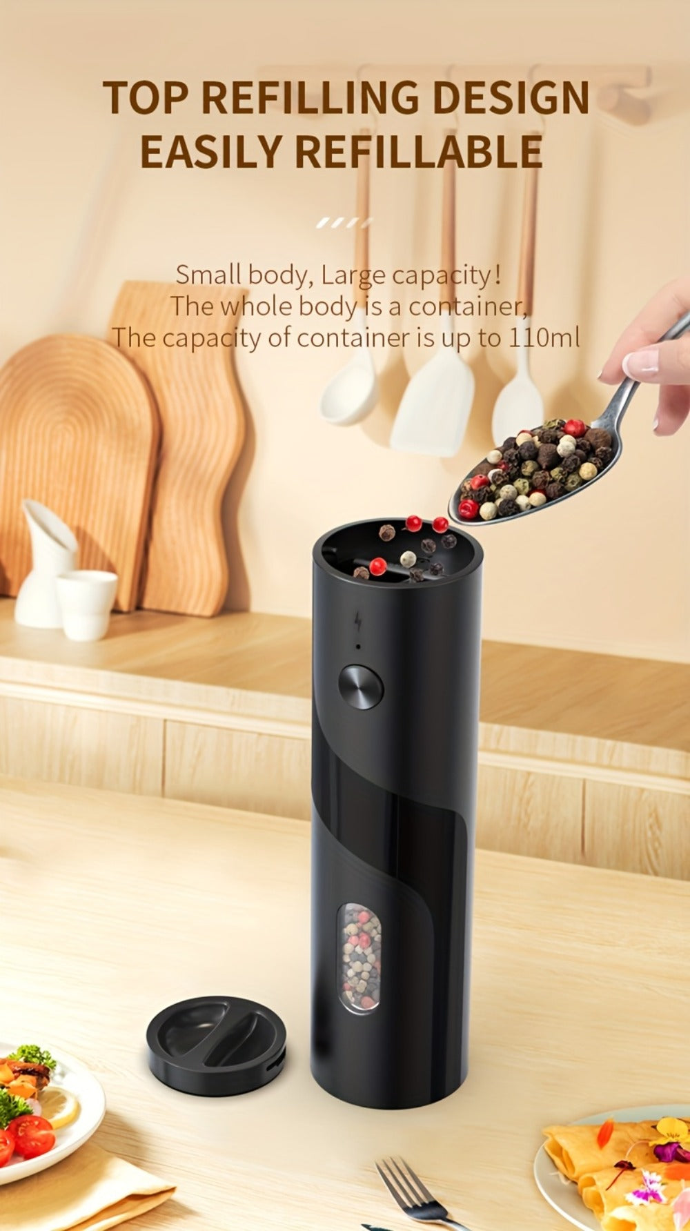 Electric Salt and Pepper Grinder Set, Rechargeable Mills with LED Light, Adjustable Coarseness & 3.72oz for Home Kitchen