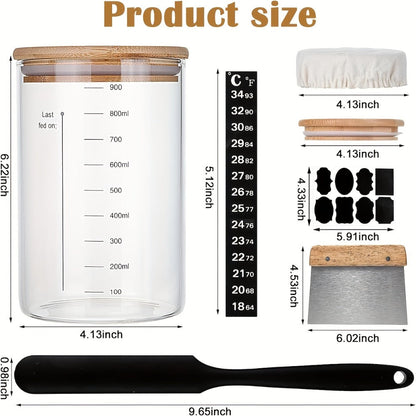 Sourdough Starter Jar 24oz with Lid & Accessories Kit, Glass Bread Starter Container with Silicone Scraper