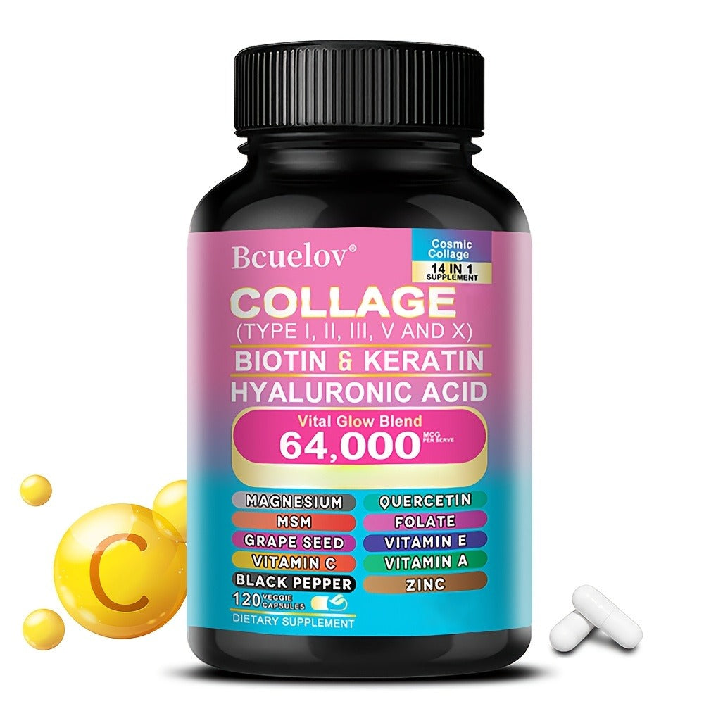 Collagen Capsules Types I II III V X with Biotin Keratin Hyaluronic Acid, Supports Skin Elasticity Hair Growth & Nail Strength