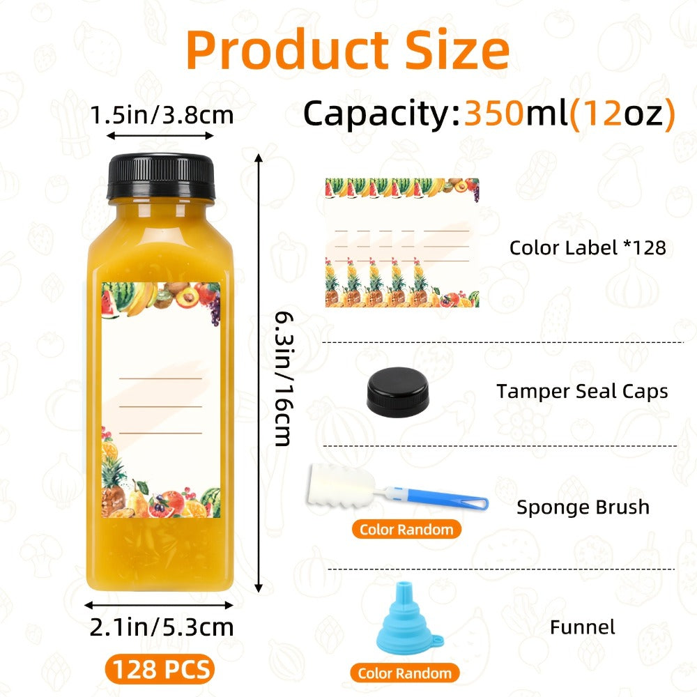 128pcs 12oz Empty Plastic Bottles Bulk, Reusable Clear Juice Containers with Funnel & Brush for Smoothies Ginger Tea Coffee