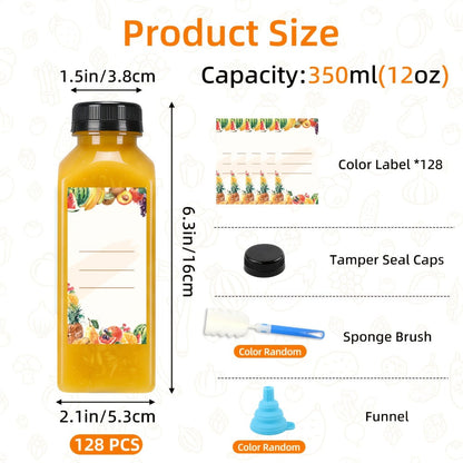 128pcs 12oz Empty Plastic Bottles Bulk, Reusable Clear Juice Containers with Funnel & Brush for Smoothies Ginger Tea Coffee