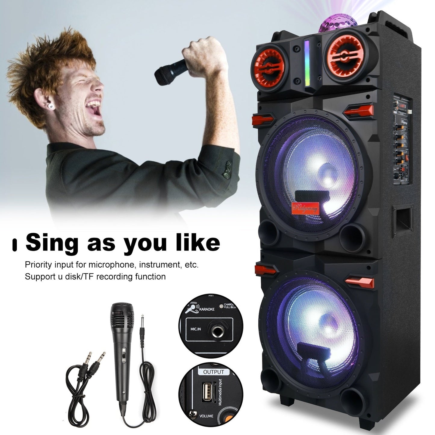 Karaoke Party Bluetooth Speaker with Sound Reactive Lights, 1000W Peak DJ Subwoofer Stereo Boombox