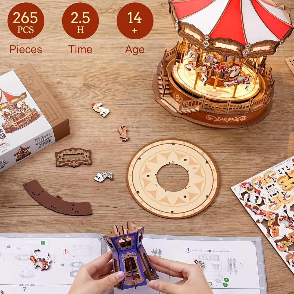 Rolife Carousel Music Box Kit, DIY 3D Wooden Puzzle Architectural Craft Model, Spinning Carousel with Music