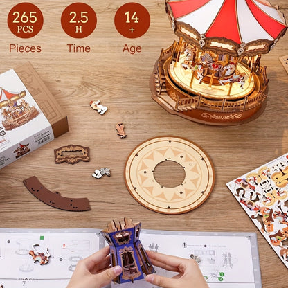 Rolife Carousel Music Box Kit, DIY 3D Wooden Puzzle Architectural Craft Model, Spinning Carousel with Music