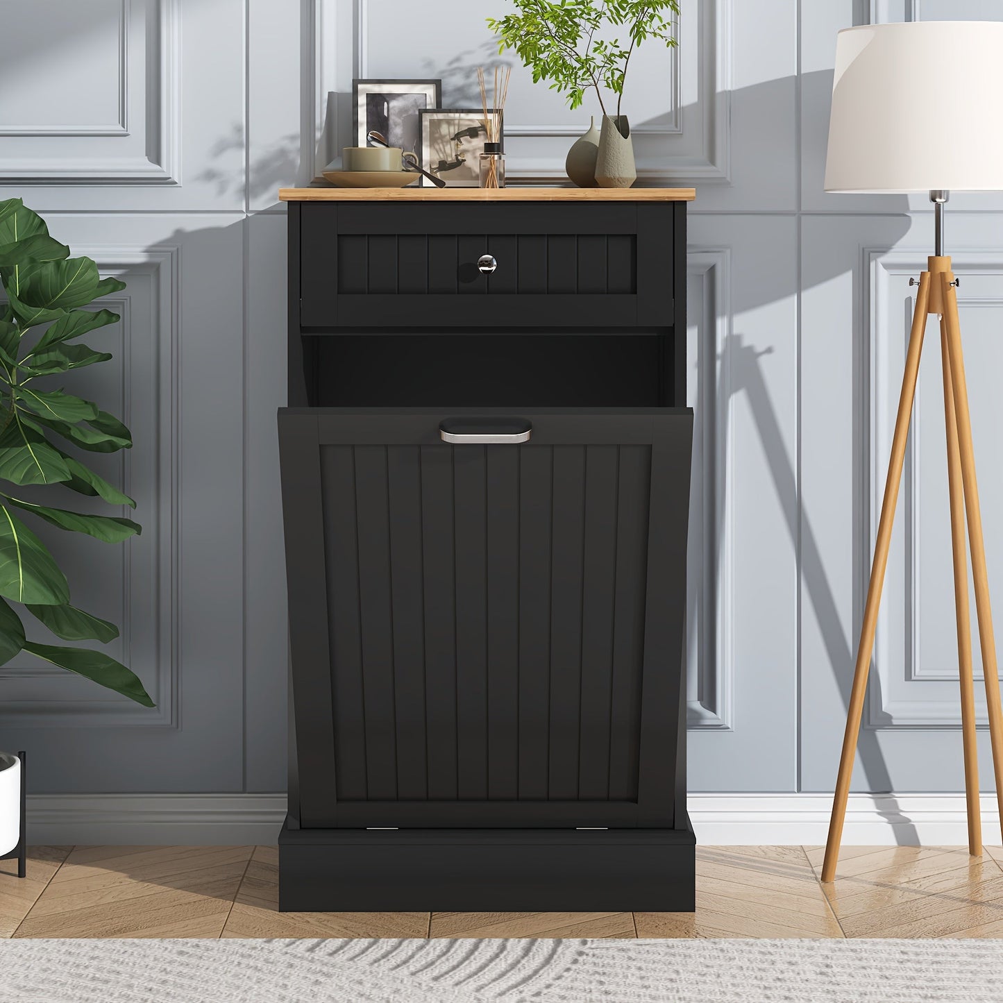 Tilt Out Trash Cabinet Freestanding Kitchen Garbage Cabinet with Cutting Board & Drawer, Wood Hideaway Recycling Station