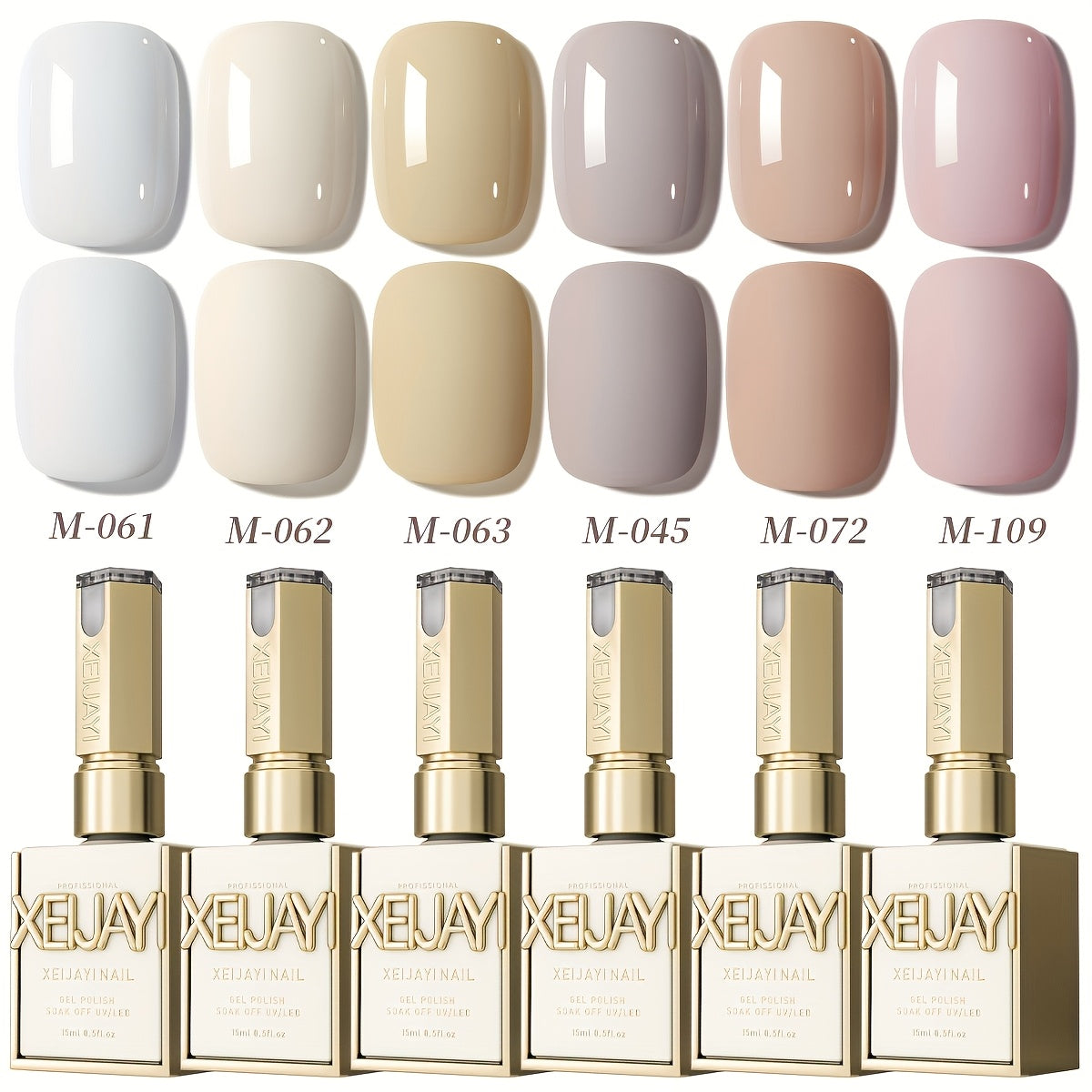 Gel Nail Polish 6-Color Gentle White Set with Milk-Tea, Cherry-Blossom Pink and Soft Shades for UV/LED Soak-Off Cure