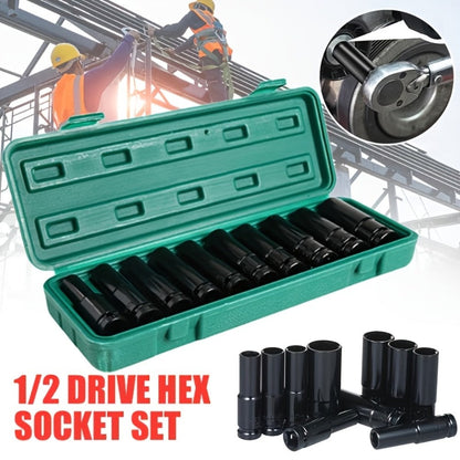 Half-Inch Drive Deep Metric Socket Set with 10- or 20-Piece Checkout Options and Green Carry Case