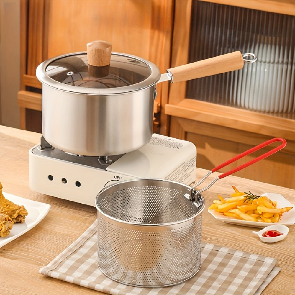 Stainless Steel Deep Fryer Pot Set with Frying Basket & Glass Lid, Non-Stick Multi-Function Cookware for Deep Frying, Noodles