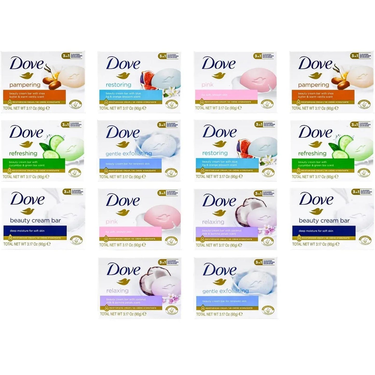 Dove Beauty Bar Soap Variety Pack, 14 Individually Boxed Bars across Seven Package Styles and Scent Labels