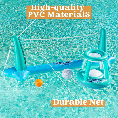 Inflatable Pool Volleyball Set with Basketball Hoop, 2-in-1 Floating Net Court Game for Kids & Adults