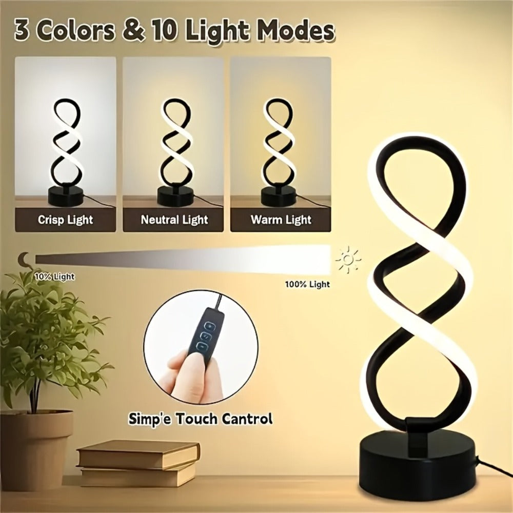 Spiral LED Table Lamp with Dimmable Push-Button Control, Modern Metal Base and Six Black or White Configuration Options