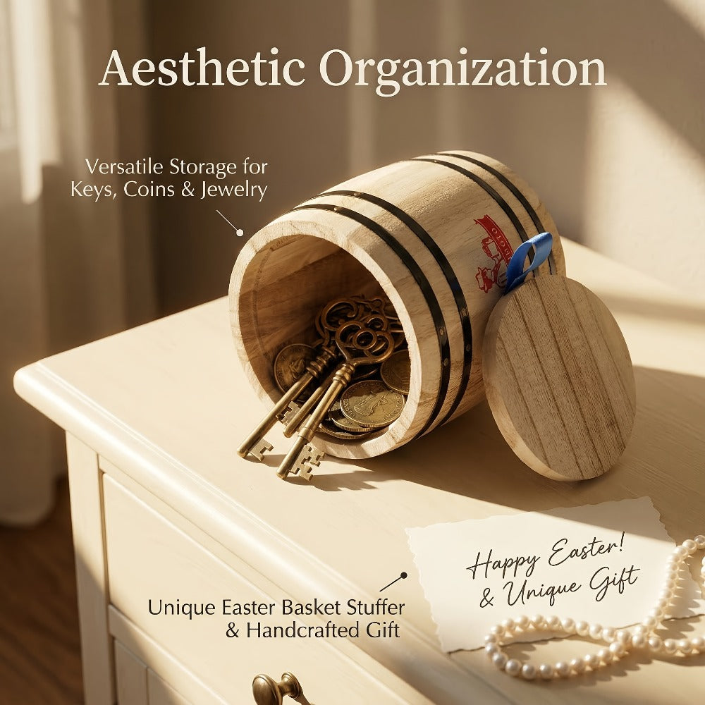 Wooden Barrel Storage Jar with Lid, Rustic Mini Desktop Organizer for Coffee Beans, Sugar, Candy
